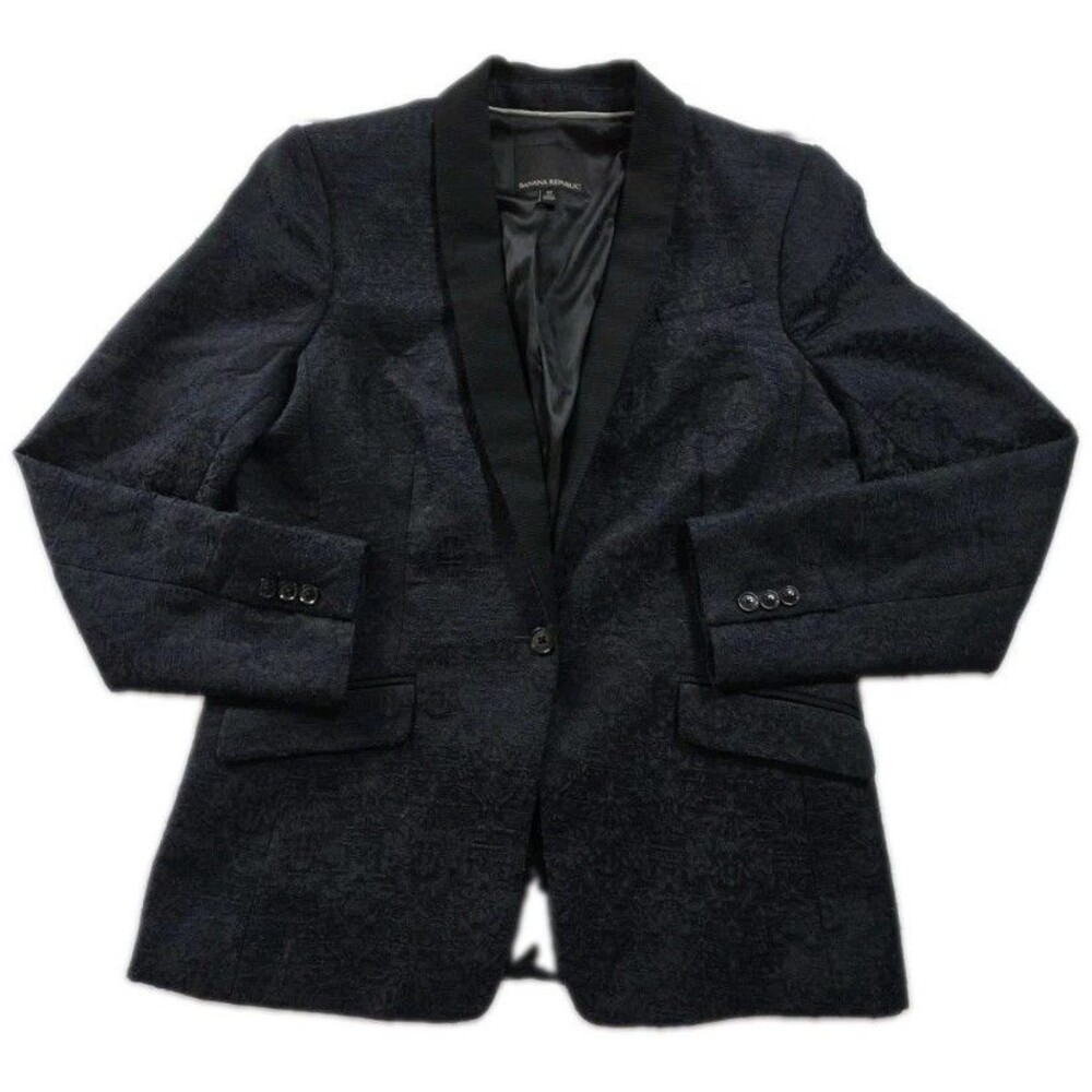 Banana Republic Womens Jacquard Tuxedo Blazer Size 12 Navy Black Shawl Collar
